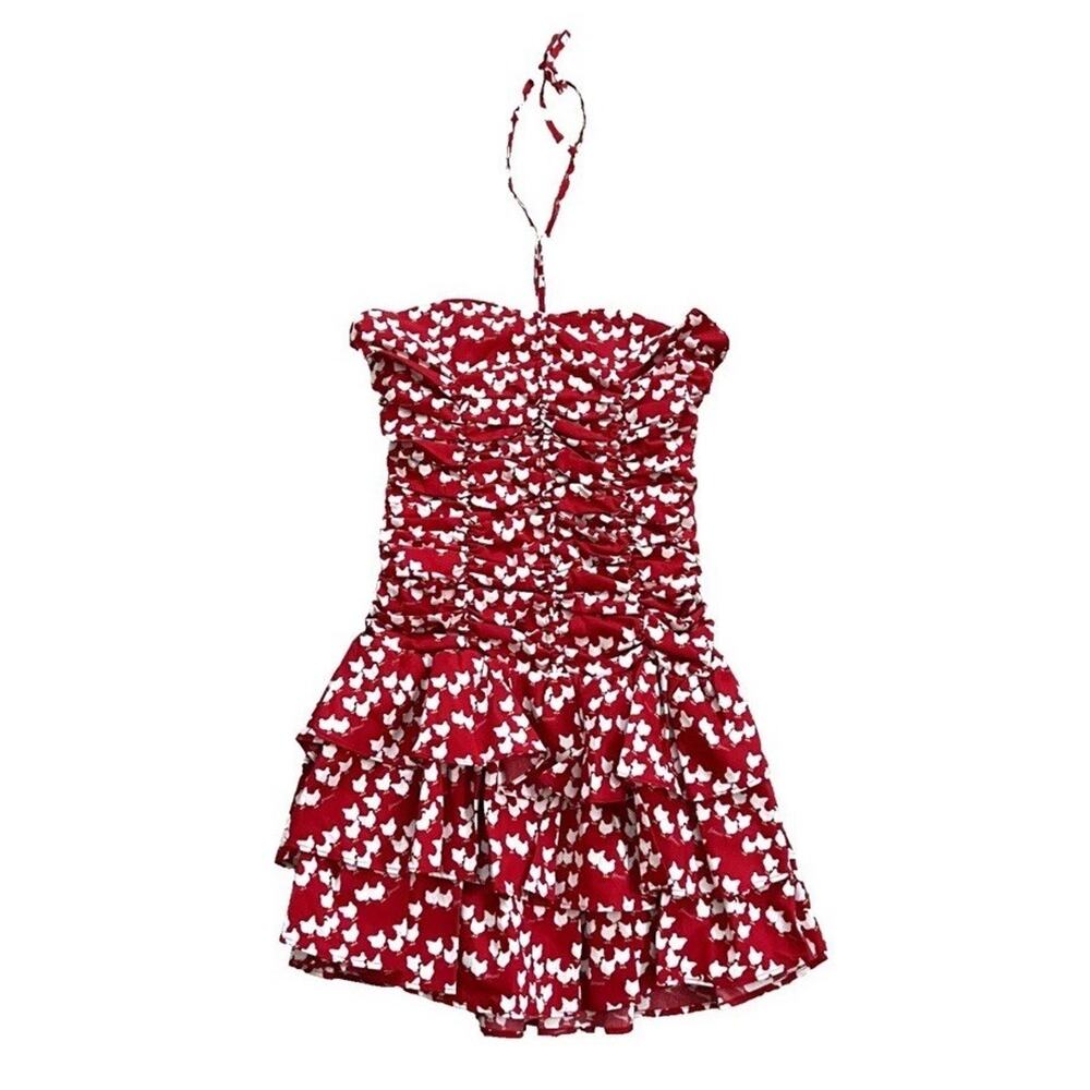 NWT Fiorucci Rusched Halter Dress Red Chicken Print Italian Sz 28/42 US Sz 4/S